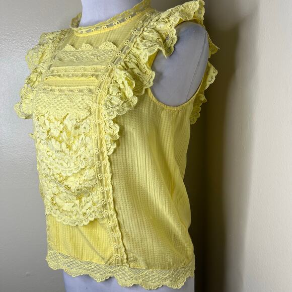 Anthropologie Maeve Victoria Blouse 8 Yellow Lace Ruffle Sleeveless Keyhole Chic - Picture 5 of 11